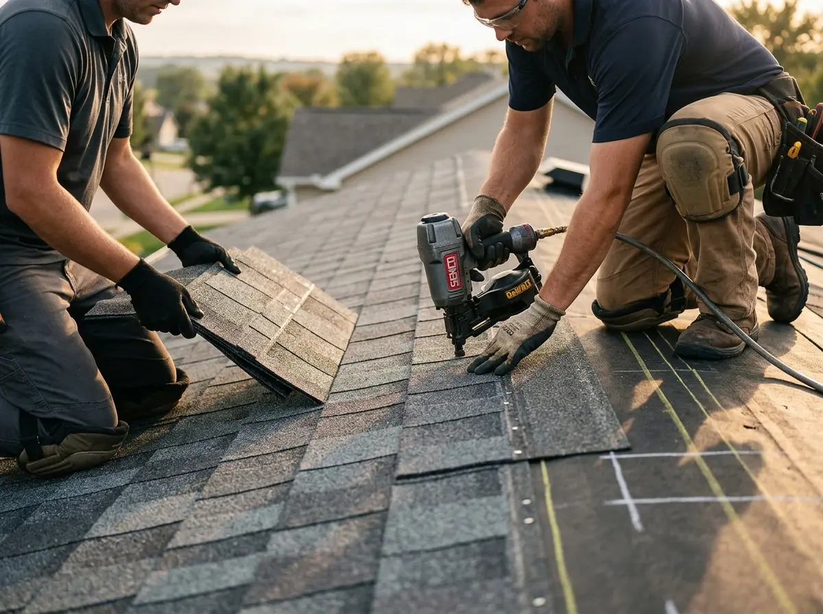 Professional roofer working on a residential roof in Weiser